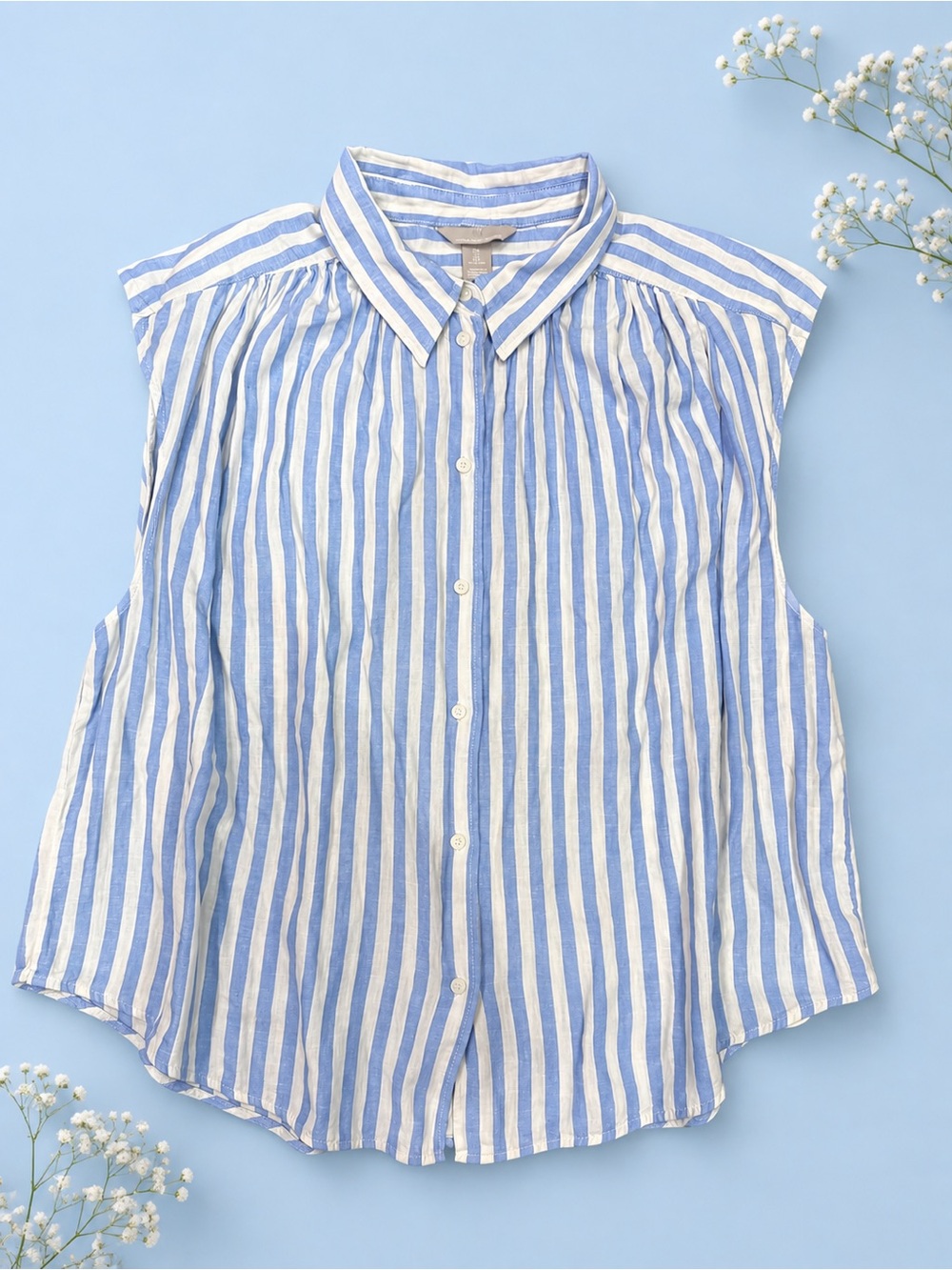 H&M Linen Blend Blue & White Striped Sleeveless Button-Up Blouse Size Large